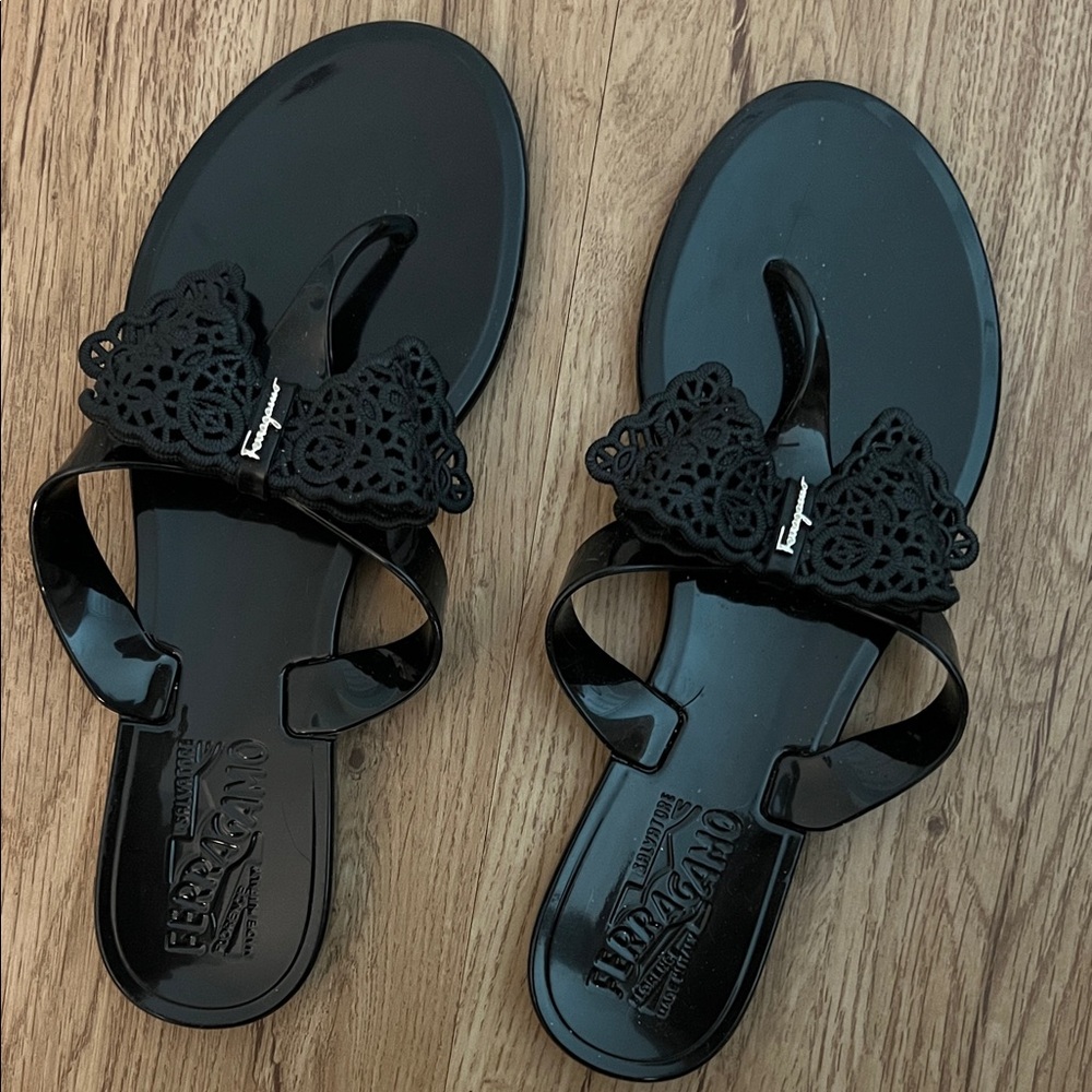 Salvatore Ferragamo Black Sandals with Lace Detail